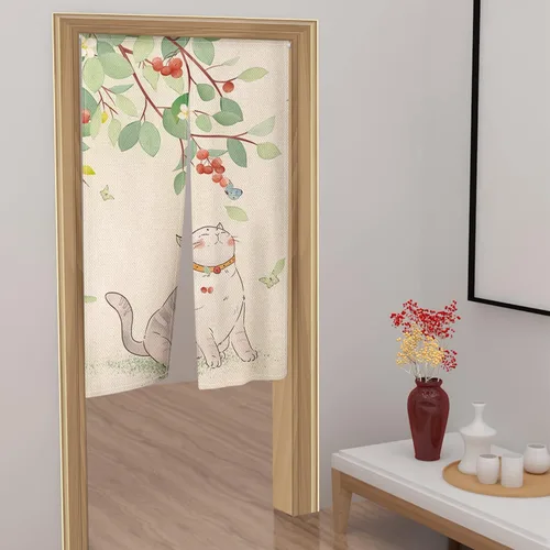 Vista 4 de Leowefowa Cortinas japonesas Noren para puerta, largas japonesas con estampado de gato gordo jugando árboles frutales, cortina para ventana, cortina