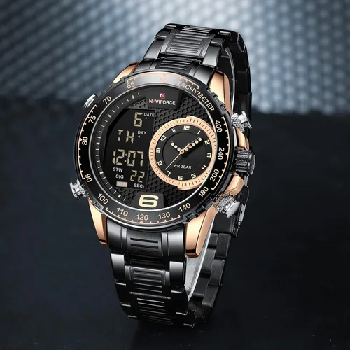 Vista 2 de NAVIFORCE Reloj para hombre, reloj de cuarzo digital de doble pantalla, multifuncional, de acero inoxidable