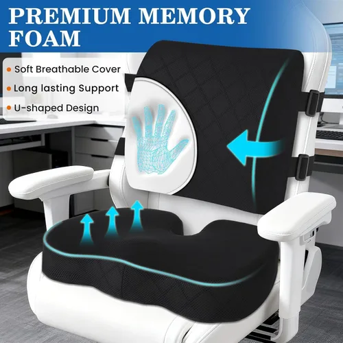 Vista 3 de Cojín de Espalda y Asiento, Cojines de Asiento de Coche y Silla de Oficina, Almohada de Respaldo Lumbar de Espuma Viscoelástica Transpirable, Cojín
