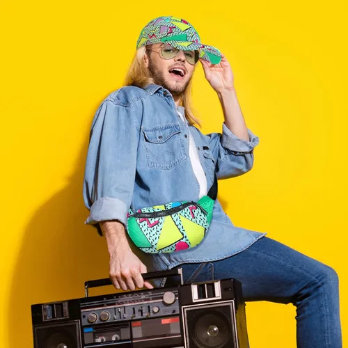 Vista 6 de Riñonera de 2 piezas de los años 80 y 90 para mujeres y hombres, traje de los años 90, sombrero de cintura ajustable, bolsa retro para hombre