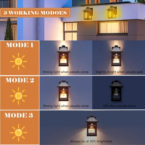 Vista 7 de Paquete de 2 faroles solares para exteriores, impermeables, IP65, 3 modos inalámbricos, sensor de movimiento del atardecer al amanecer, luces LED