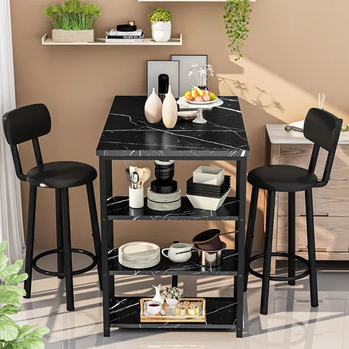 Vista 3 de DKLGG Juego de mesa de comedor para 2, mesa de pub de altura de mostrador con 2 taburetes de bar de PU de respaldo ancho y 3 estantes de Negro