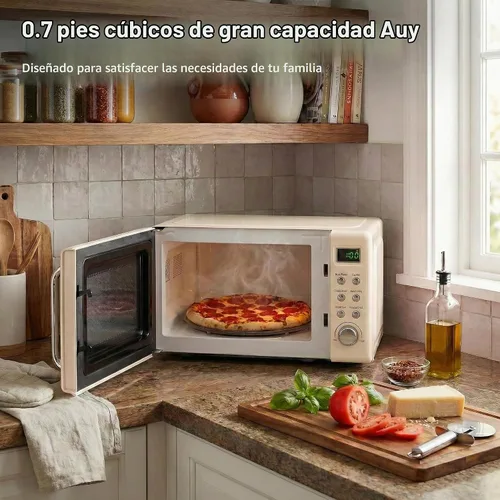 Vista 5 de SIMOE Horno microondas retro crema, 0.7 pies cúbicos microondas compacto de encimera, microondas pequeño de 700 W con pantalla LED, bloqueo