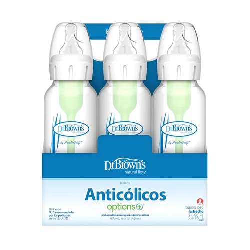 Vista 9 de Dr. Brown's Natural Flow Anti-Colic Options+ Biberones estrechos de 8 oz/8.5 fl oz, con boquilla de flujo lento de nivel 1, paquete de 6, juego