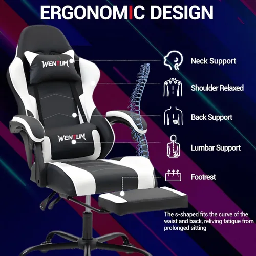 Vista 4 de Silla de juegos con reposapiés para adultos, silla de videojuegos de piel sintética con soporte lumbar de masaje para hombres y mujeres, silla