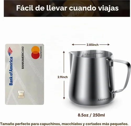 Vista 2 de Jarra de Espuma de Leche, 8.5oz / 250ml Jarra de Vapor Jarra de Acero Inoxidable Accesorios para Máquina de Espresso para Bar de Café, Herramientas