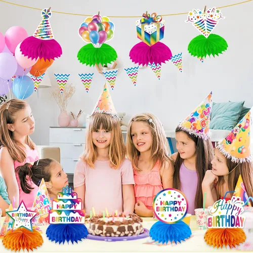 Vista 4 de Decoraciones de cumpleaños arcoíris para mesas, centros de mesa coloridos de panal