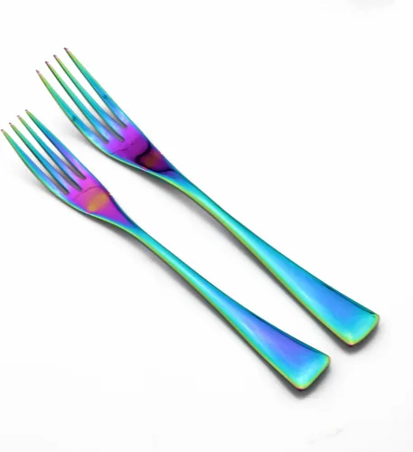 Vista 5 de Juego de cubiertos de arco iris colorido de 5 piezas, juego de cuchillos de cena de acero inoxidable 18/10, pulido de espejo, servicio para 1