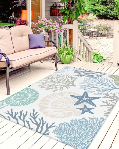 Vista 11 de Summer Beach Outdoor Rug for Patio/Deck/Porch, Ocean Nautical Coastal Non-Slip Large Area Rug 4 x 6 Ft, Seaside Aqua Beige Indoor Outdoor Rugs