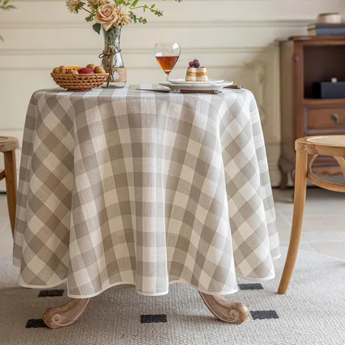 Vista 7 de Alsoo Mantel redondo de cuadros beige de 60 pulgadas, mantel circular a cuadros, lavable, sin arrugas, de lino y algodón, para picnic, cocina