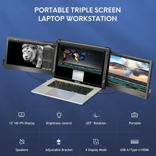 Vista 2 de Monitor Portátil Triple P2 para Laptop, Extensor de Pantalla de 12 Pulgadas, Extensor de Monitores Duales FHD 1080P, Pantalla IPS