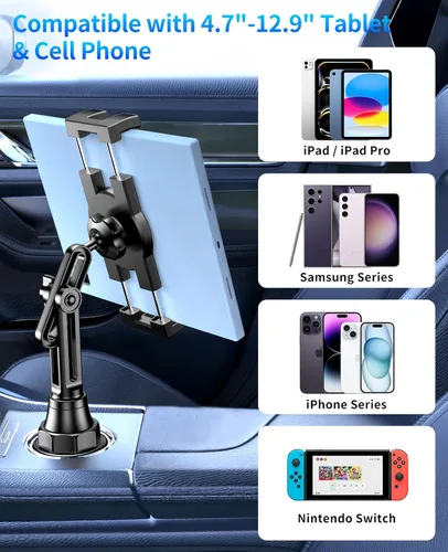 Vista 6 de Soporte para tablet para automóvil, soporte para iPad de auto, versión mejorada, soporte universal para tazas, cuello largo ajustable, para tableta