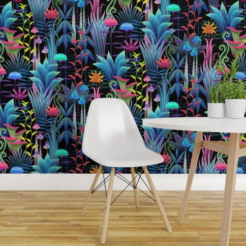 Vista 3 de Muestro de papel tapiz extraíble - Bioluminiscente Selva Floral Árboles Fantástico Helecho Papel pintado personalizado pre-pegado por Spoonflower