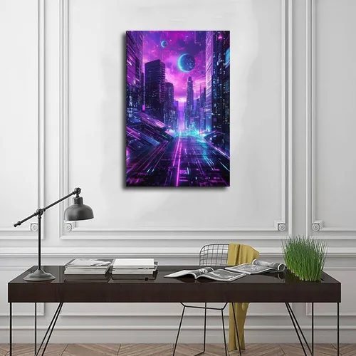 Vista 3 de Futuristic Neon City Wall Art – Synthwave Aesthetic Poster with Grid & Planet Elements Modern Wall Prints Abstract Geometric Minimalist Art Framed