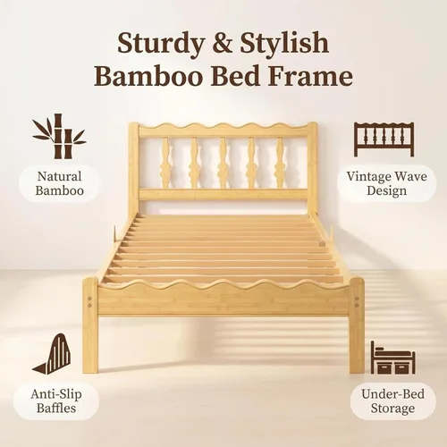Vista 4 de Marco de cama de bambú individual XL con cabecero, plataforma de madera maciza de 12 pulgadas, marco de cama tamaño individual XL con listones