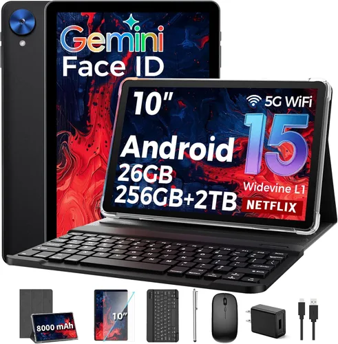 Vista 10 de Tableta con teclado, tableta Android 15 2026 con 26GB+256GB+2TB Expand, Tablet PC de 10 pulgadas con 8 núcleos, Gemini AI, WiFi 5G, 8000mAh, BT5.0