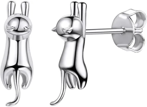 Vista 10 de SILVERCUTE 925 Sterling Silver Earrings for Women,Silver Cat/Dinosaur/Devil Horn/Leaf/Snake/Skeleton Various Stud Earrings or Ear Cuffs 01.cat