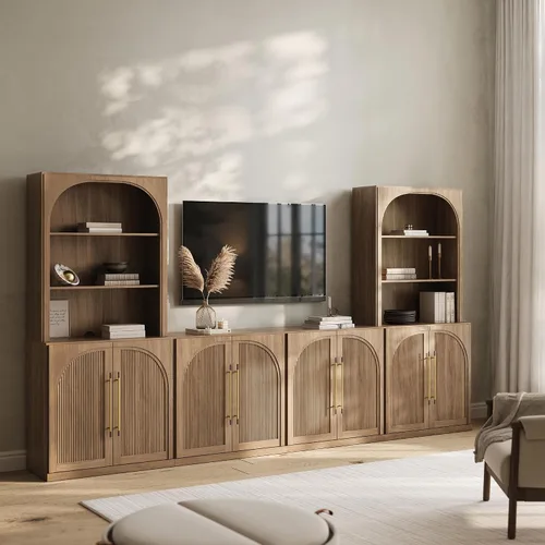Vista 74 de BELLEZE Centro de entretenimiento modular de 4 piezas con almacenamiento, 2 vitrinas de madera moderna con gabinete arqueado y 2 armarios de puerta