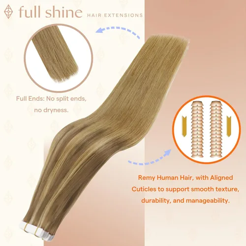 Vista 104 de Full Shine - Extensiones de cabello humano con cinta, mezcla de rubio hongo # 8 castaño ceniza resaltado 60 rubio ceniza