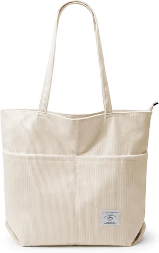 Vista 22 de KALIDI Bolsa Tote de Pana para Mujer con Cremallera Bolsa de Mano Casual Tote Bolsa de Hombro de Gran Capacidad con Bolsillos 1 negro y 1 blanco.