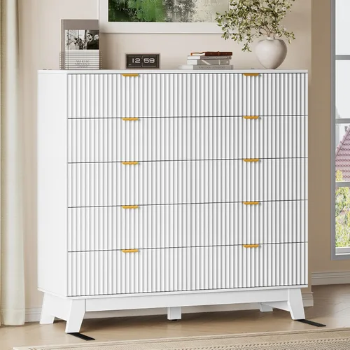 Vista 30 de BORNOON Cómoda con 3 cajones acanalados, cómoda de madera moderna y compacta de 30.3" de altura estilo Boho, gabinete de almacenamiento