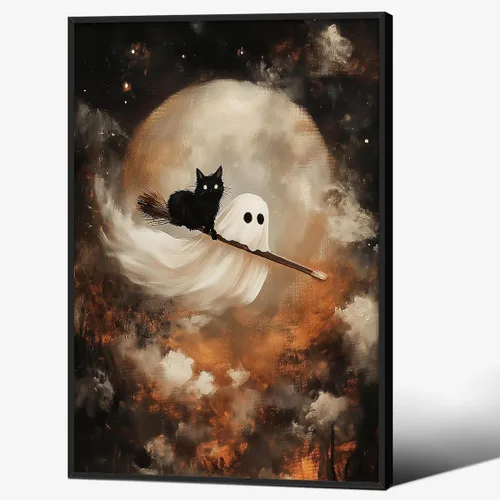 Vista 13 de Lienzo enmarcado negro para pared, póster de Halloween Dark Academia, pintura de gato negro, fantasma en la bañera, imágenes góticas de terror