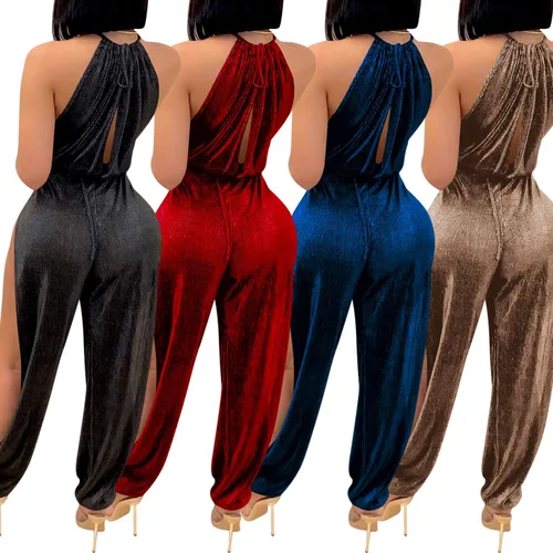 Vista 3 de PORRCEY Monos sexy y elegantes de terciopelo para mujer, para fiesta, club, noche, bodycon casual
