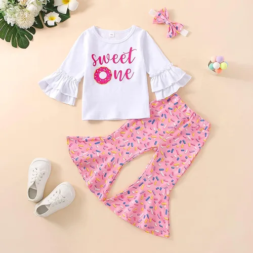Vista 23 de Conjunto de ropa de cumpleaños para bebé niña pequeña, camiseta de manga larga, pantalones de campana, diadema