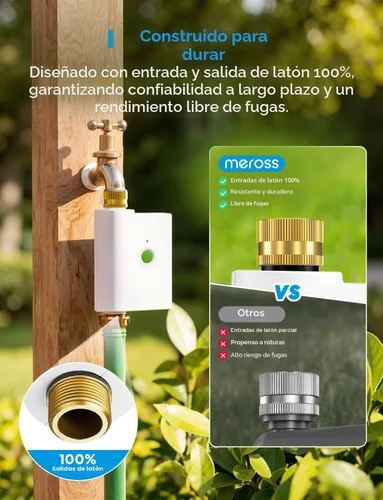 Vista 2 de meross Temporizador de agua WiFi para manguera de jardín, temporizador de manguera inteligente con entrada y salida de latón, válvula de rociador
