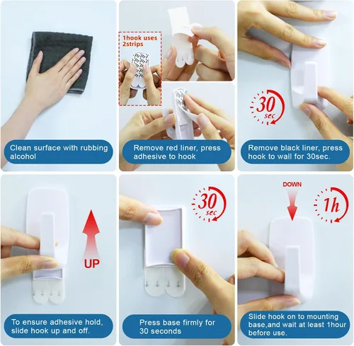 Vista 5 de Ganchos de pared resistentes grandes 6 piezas con 12 tiras adhesivas, gancho de pared removible para colgar, ganchos para colgar abrigos sin daños