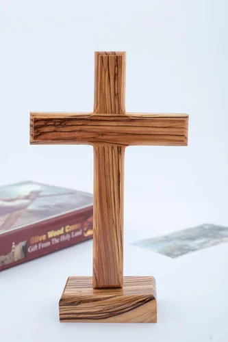 Vista 2 de Olive Wood Gifts Shop Cruz lisa de madera de olivo hecha a mano para colgar en la pared (6.3 pulgadas), cruz de mesa de madera, cruz lisa de madera
