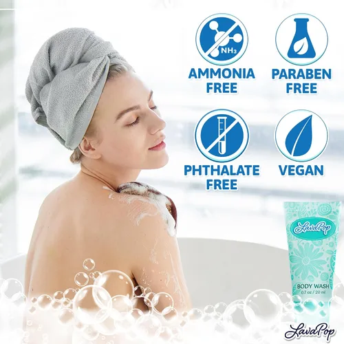 Vista 6 de LavaPop - Gel de baño tamaño viaje - Iris, violeta y ámbar, 0.7 onzas líquidas, paquete de 100 - Deleita a tus invitados con gel de baño calmante