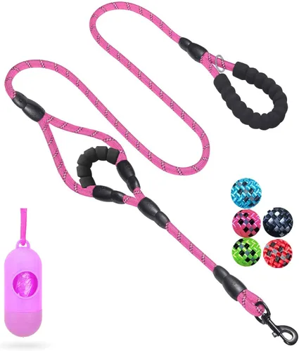 Vista 15 de JSXD Correa resistente de doble asa para perro, 5 pies, acolchada y reflectante, cuerda para perros pequeños a grandes (negro)