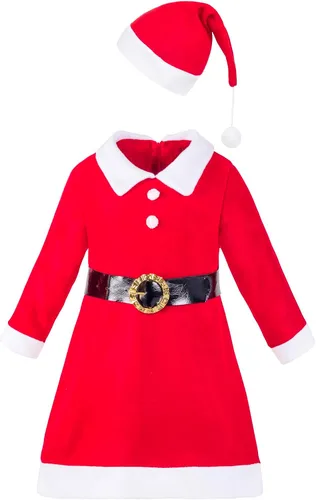 Vista 3 de Lilax Vestido de Navidad para niñas pequeñas, disfraz de fiesta de Papá Noel rojo con cinturón, Negro