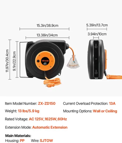 Vista 60 de VEVOR Carrete de cable de extensión retráctil de 25 pies resistente 14AWG Rojo