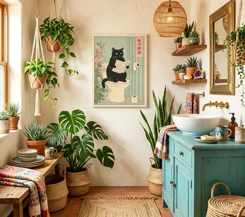 Vista 2 de COYIKC Arte de pared en lienzo de gato negro japonés en el inodoro, impresión divertida de baño, póster de inodoro, cuadros de decoración de pared