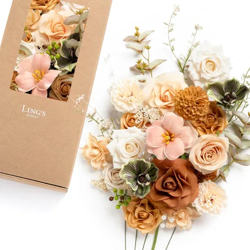 Vista 28 de Ling's moment Caja de Flores Falsas, Tallos de Vegetación Artificial Falsa Rosas de Espuma Dalia Hortensia de Seda Peonía Flor de Tela para Centros