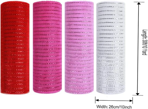 Vista 6 de 4 rollos de cinta de malla decorativa para decoración de coronas, 10 pulgadas x 30 pies, rollo de malla decorativa de San Valentín, suministros