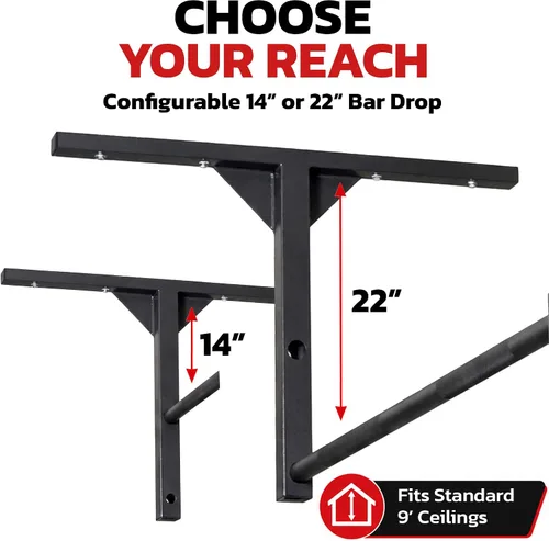 Vista 5 de Stud Bar Barra de dominadas resistente para montaje en techo o pared, calidad de gimnasio, capacidad de 600 libras, tamaño estándar para techos de 9