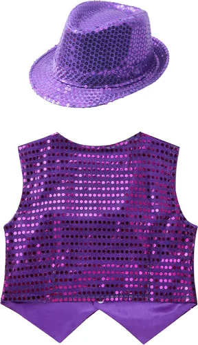 Vista 4 de easyforever Chaleco de baile callejero hip-hop con lentejuelas para niños y niñas, chaleco con sombrero, disfraz de fiesta de rendimiento