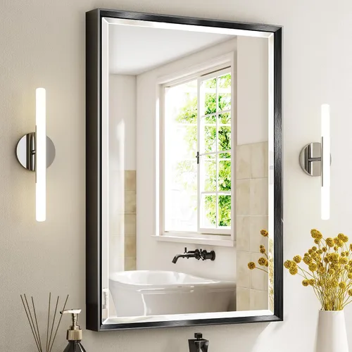 Vista 30 de Espejo de baño negro, espejo de baño biselado de 16 x 24 pulgadas para pared, espejo con marco negro antioxidante para decoración de baño, sala