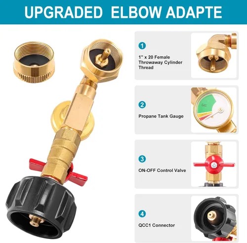 Vista 2 de QCC1 Adaptador de codo de repuesto de propano con medidor de tanque de propano, adaptador de recarga de propano de 90 grados con válvula de control
