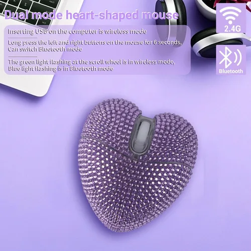 Vista 4 de elec Space - Ratón inalámbrico Bluetooth, ratón silencioso y elegante con forma de corazón para laptop, PC - Alcance de 10m (Morado)
