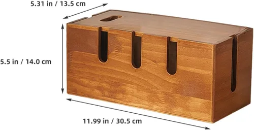 Vista 2 de Wooden Cable Organizer Box with Router Cover and Charger Cord Organizer for Desk Power Strip Management, Natural Wood Cord Management for Home