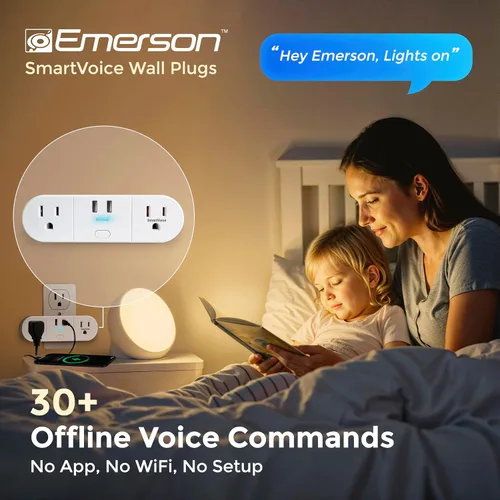 Vista 2 de Emerson SmartVoice - Enchufe de pared 4 en 1, tomacorriente inteligente controlado por voz con 2 salidas de CA y 2 puertos USB-A, sin WiFi, sin