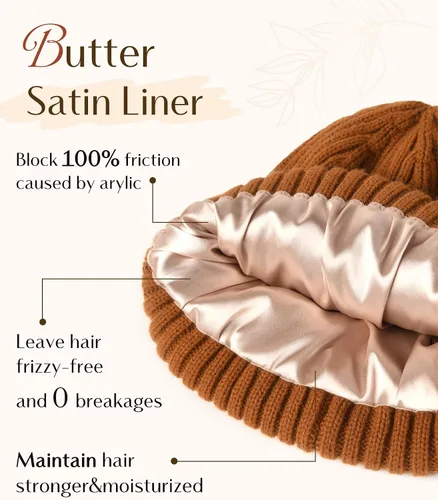 Vista 2 de YANIBEST Sombreros de invierno para mujer, gorro con forro de satén para clima frío, gorro para mujeres y hombres, sombreros de punto cálidos