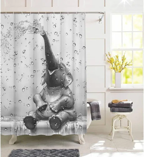 Vista 2 de Cortina de ducha de elefante africano, divertida cortina de baño con diseño de elefante, lindo animal salvaje sobre fondo de gota de lluvia, juego