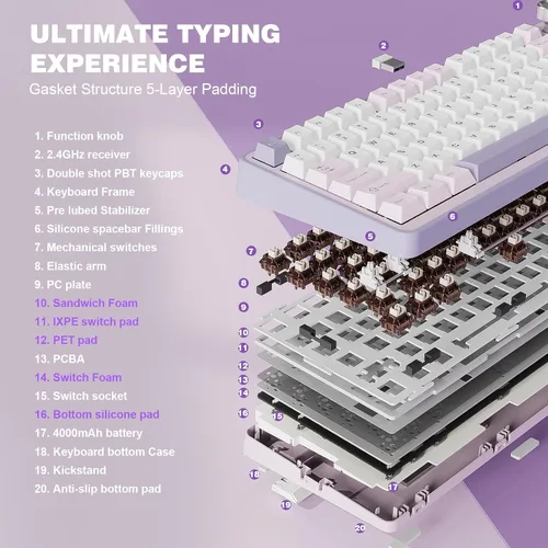 Vista 4 de YUNZII Teclado mecánico inalámbrico B75 PRO, diseño del 75 % con perilla, estructura personalizada de junta de intercambio en caliente