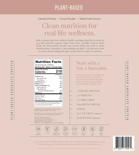 Vista 8 de Be Well By Kelly - Proteína en polvo a base de plantas de chocolate, vegana 0.74 oz de proteína 9G de fibra 1 NetCarb (3 ingredientes, 20 porciones)