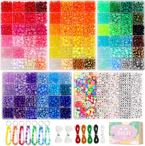 Vista 8 de QUEFE Juego de pulseras de cuentas de poni, 1900 unidades, 48 colores, kit de pulsera de amistad con cuentas Kandi de arco iris, cuentas de letras